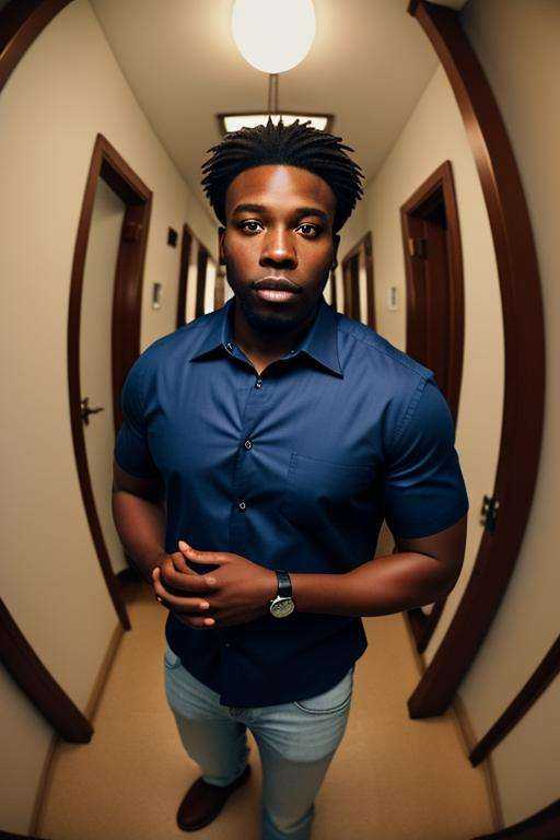 portrait of a handsome black man in hallway,  night,  blue shirt on Tensor.Art