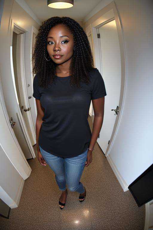 a pretty black woman in hallway,  night,  blue shirt on Tensor.Art