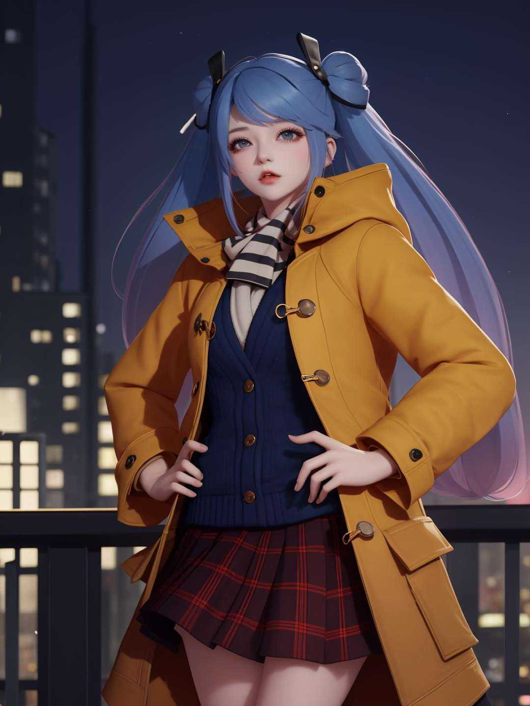 WZRYsunshangxiangSZLR, 1girl, solo, long hair, blue eyes, twintails,parted lips, plaid skirt,coat,scarf, vest,blue hair,<lora:WZRYsunshangxiangSZLR:0.75>,looking at viewer, cityscape, night, mature female, standing, hand on hip, multicolored hair,