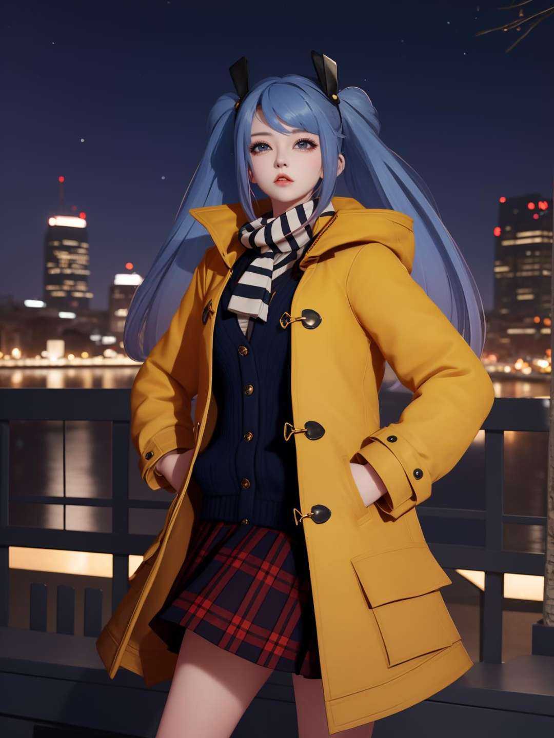 WZRYsunshangxiangSZLR, 1girl, solo, long hair, blue eyes, twintails,parted lips, plaid skirt,coat,scarf, vest,blue hair,<lora:WZRYsunshangxiangSZLR:0.75>,looking at viewer, cityscape, night, mature female, standing, hand on hip, multicolored hair,