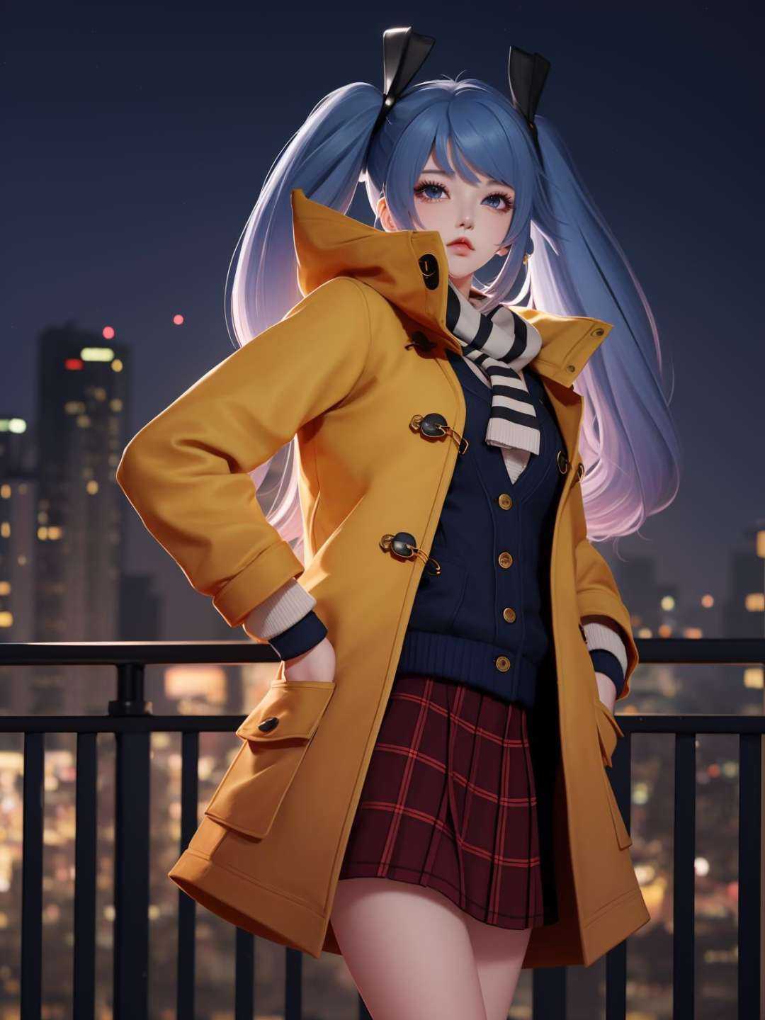 WZRYsunshangxiangSZLR, 1girl, solo, long hair, blue eyes, twintails,parted lips, plaid skirt,coat,scarf, vest,blue hair,<lora:WZRYsunshangxiangSZLR:0.75>,looking at viewer, cityscape, night, mature female, standing, hand on hip, multicolored hair,