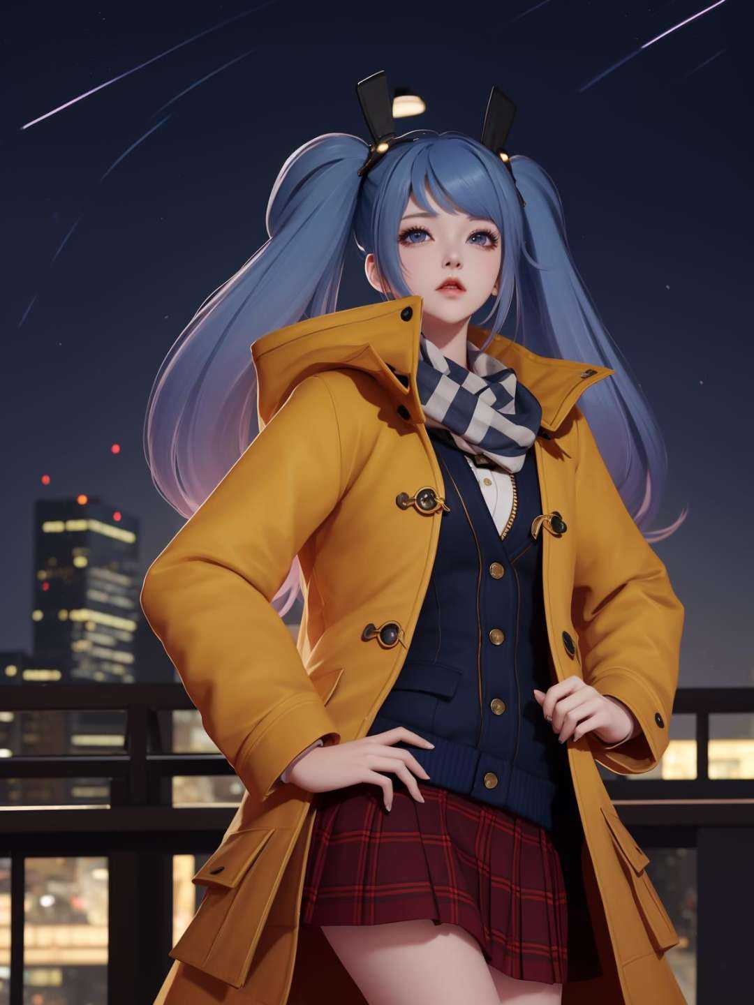 WZRYsunshangxiangSZLR, 1girl, solo, long hair, blue eyes, twintails,parted lips, plaid skirt,coat,scarf, vest,blue hair,<lora:WZRYsunshangxiangSZLR:0.75>,looking at viewer, cityscape, night, mature female, standing, hand on hip, multicolored hair,