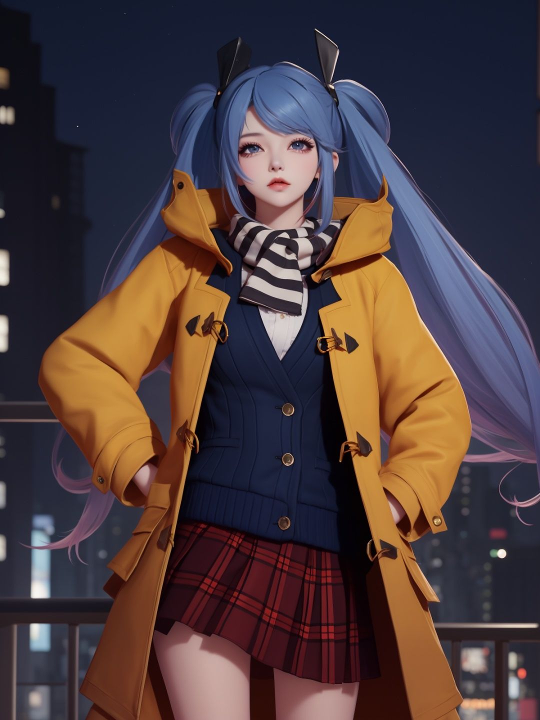 WZRYsunshangxiangSZLR, 1girl, solo, long hair, blue eyes, twintails,parted lips, plaid skirt,coat,scarf, vest,blue hair,<lora:WZRYsunshangxiangSZLR:0.75>,looking at viewer, cityscape, night, mature female, standing, hand on hip, multicolored hair,