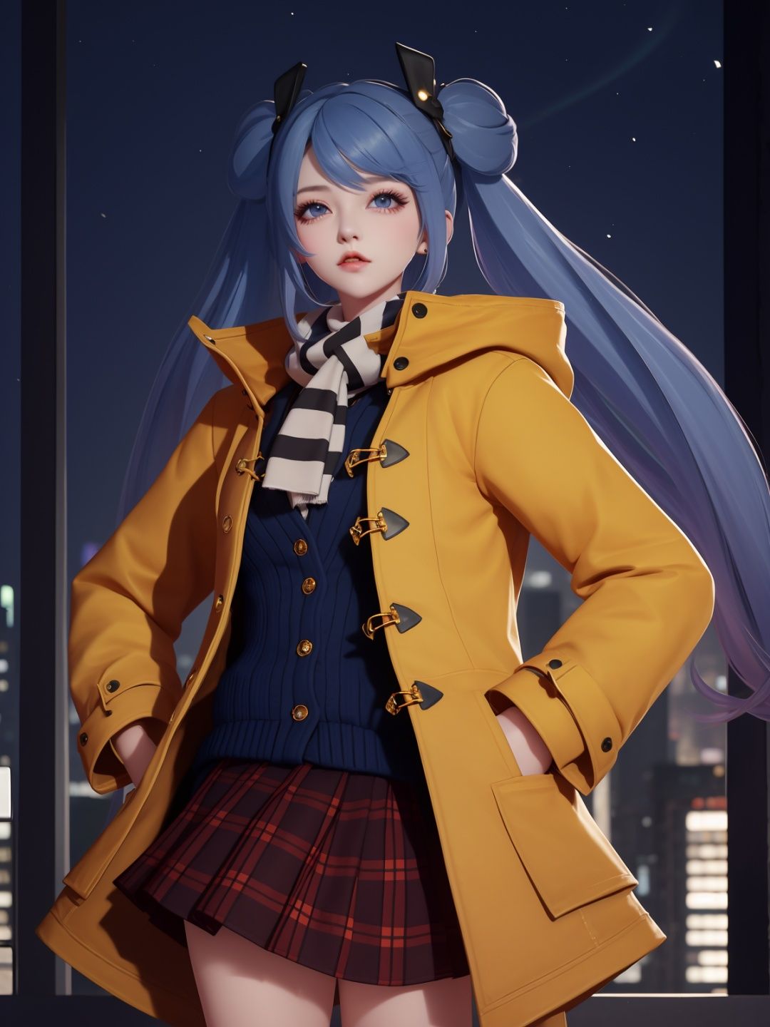 WZRYsunshangxiangSZLR, 1girl, solo, long hair, blue eyes, twintails,parted lips, plaid skirt,coat,scarf, vest,blue hair,<lora:WZRYsunshangxiangSZLR:0.75>,looking at viewer, cityscape, night, mature female, standing, hand on hip, multicolored hair,
