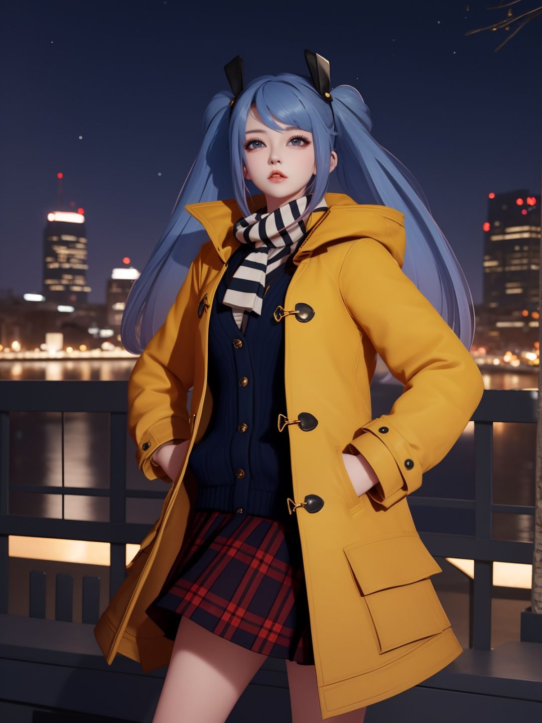 WZRYsunshangxiangSZLR, 1girl, solo, long hair, blue eyes, twintails,parted lips, plaid skirt,coat,scarf, vest,blue hair,<lora:WZRYsunshangxiangSZLR:0.75>,looking at viewer, cityscape, night, mature female, standing, hand on hip, multicolored hair,
