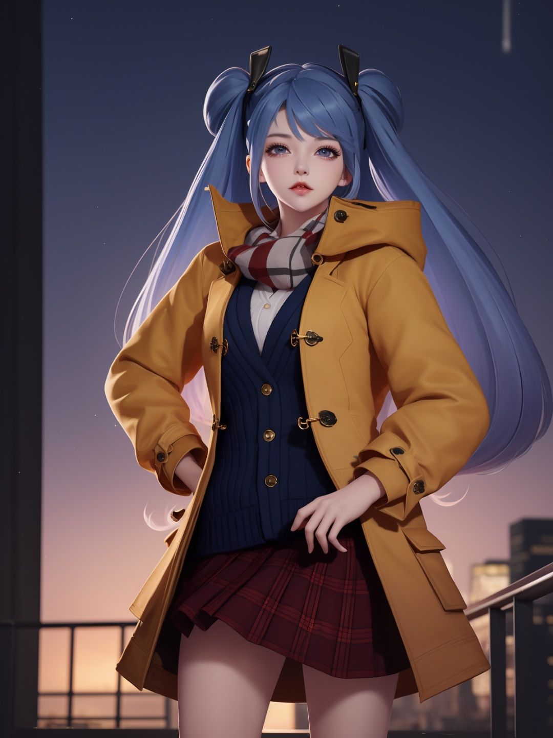 WZRYsunshangxiangSZLR, 1girl, solo, long hair, blue eyes, twintails,parted lips, plaid skirt,coat,scarf, vest,blue hair,<lora:WZRYsunshangxiangSZLR:0.75>,looking at viewer, cityscape, night, mature female, standing, hand on hip, multicolored hair,