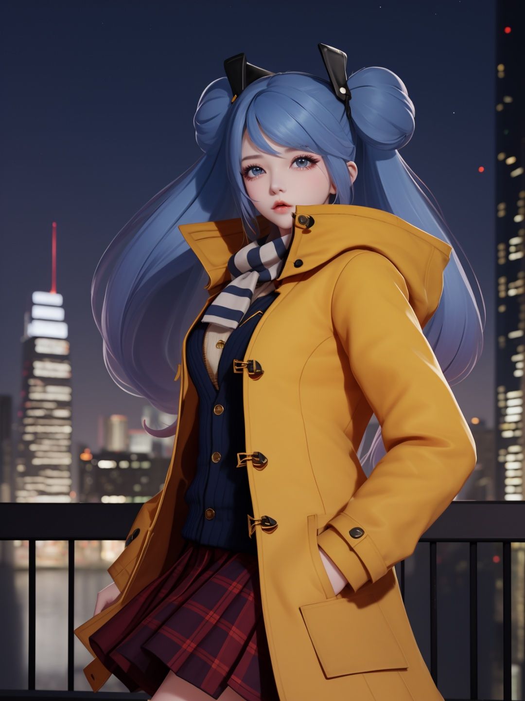 WZRYsunshangxiangSZLR, 1girl, solo, long hair, blue eyes, twintails,parted lips, plaid skirt,coat,scarf, vest,blue hair,<lora:WZRYsunshangxiangSZLR:0.75>,looking at viewer, cityscape, night, mature female, standing, hand on hip, multicolored hair,