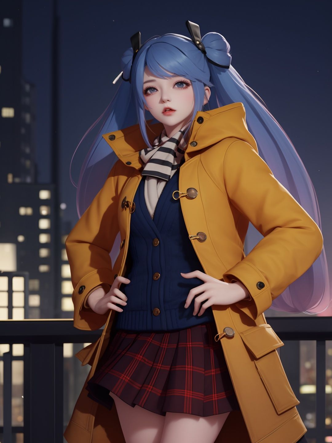WZRYsunshangxiangSZLR, 1girl, solo, long hair, blue eyes, twintails,parted lips, plaid skirt,coat,scarf, vest,blue hair,<lora:WZRYsunshangxiangSZLR:0.75>,looking at viewer, cityscape, night, mature female, standing, hand on hip, multicolored hair,