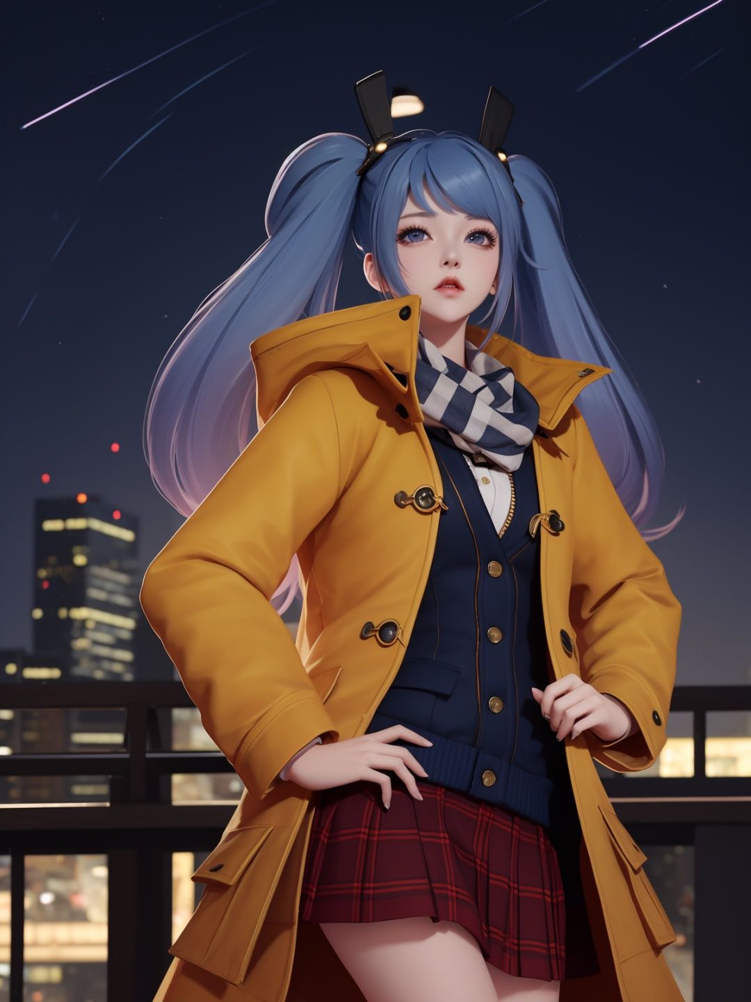 WZRYsunshangxiangSZLR, 1girl, solo, long hair, blue eyes, twintails,parted lips, plaid skirt,coat,scarf, vest,blue hair,<lora:WZRYsunshangxiangSZLR:0.75>,looking at viewer, cityscape, night, mature female, standing, hand on hip, multicolored hair,