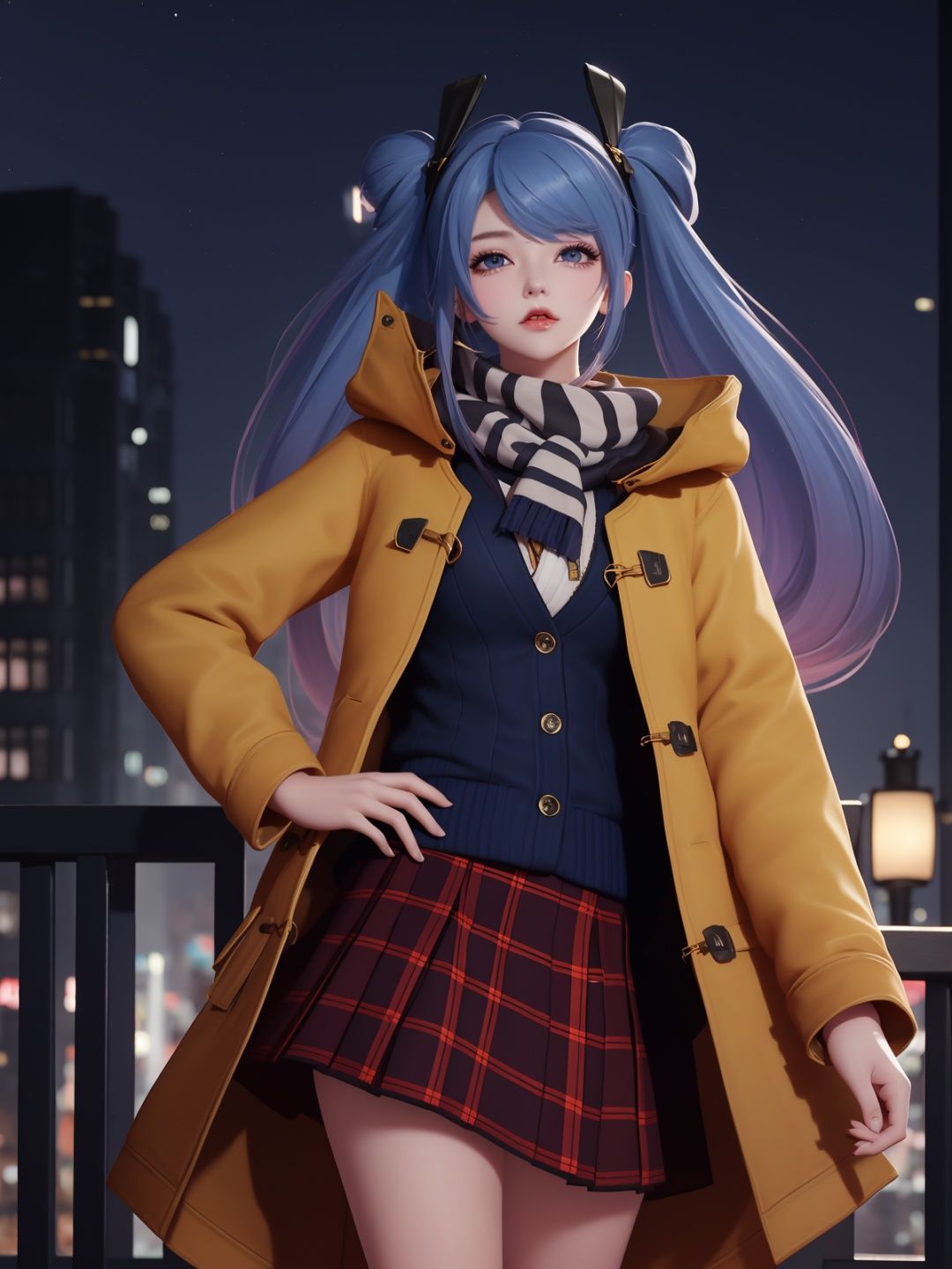 WZRYsunshangxiangSZLR, 1girl, solo, long hair, blue eyes, twintails,parted lips, plaid skirt,coat,scarf, vest,blue hair,<lora:WZRYsunshangxiangSZLR:0.75>,looking at viewer, cityscape, night, mature female, standing, hand on hip, multicolored hair,