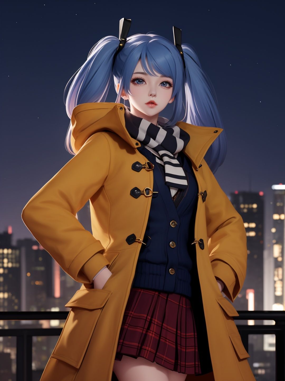 WZRYsunshangxiangSZLR, 1girl, solo, long hair, blue eyes, twintails,parted lips, plaid skirt,coat,scarf, vest,blue hair,<lora:WZRYsunshangxiangSZLR:0.75>,looking at viewer, cityscape, night, mature female, standing, hand on hip, multicolored hair,