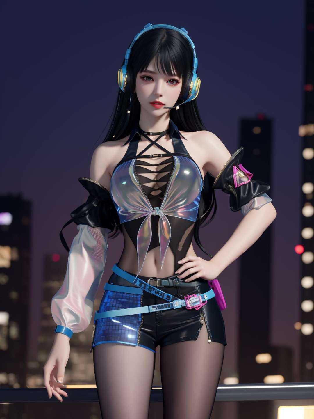 YJWJjiyingyingDL, 1girl, solo, long hair, black hair,headphones, socks, see-through, belt, bangs, zipper, bare shoulders, choker, jewelry,lips, breasts,detached sleeves, black pantyhose, shorts, <lora:YJWJjiyingyingDL:0.75>,cityscape, night,looking at viewer, mature female, hand on hip, 
