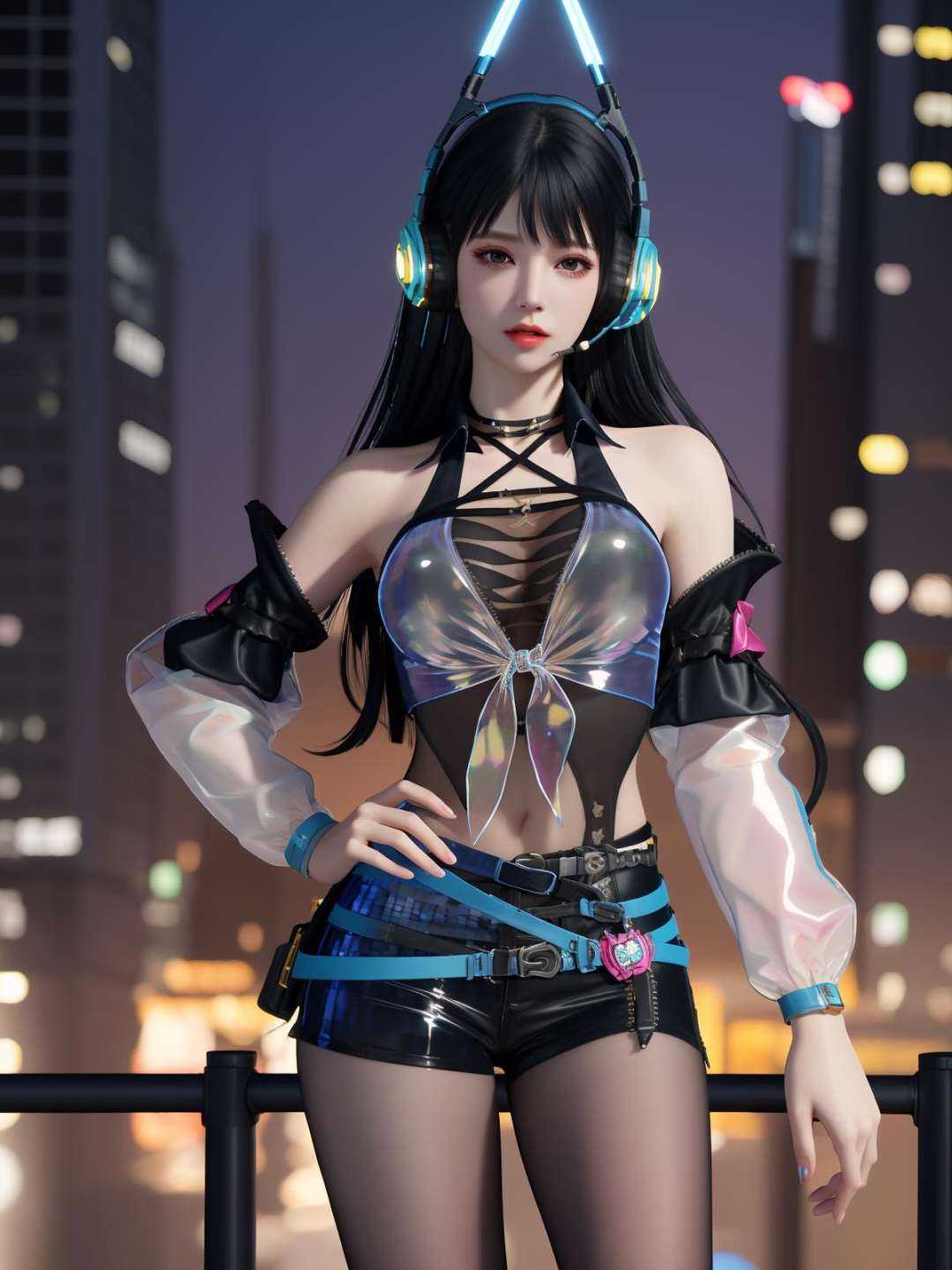 YJWJjiyingyingDL, 1girl, solo, long hair, black hair,headphones, socks, see-through, belt, bangs, zipper, bare shoulders, choker, jewelry,lips, breasts,detached sleeves, black pantyhose, shorts, <lora:YJWJjiyingyingDL:0.75>,cityscape, night,looking at viewer, mature female, hand on hip, 