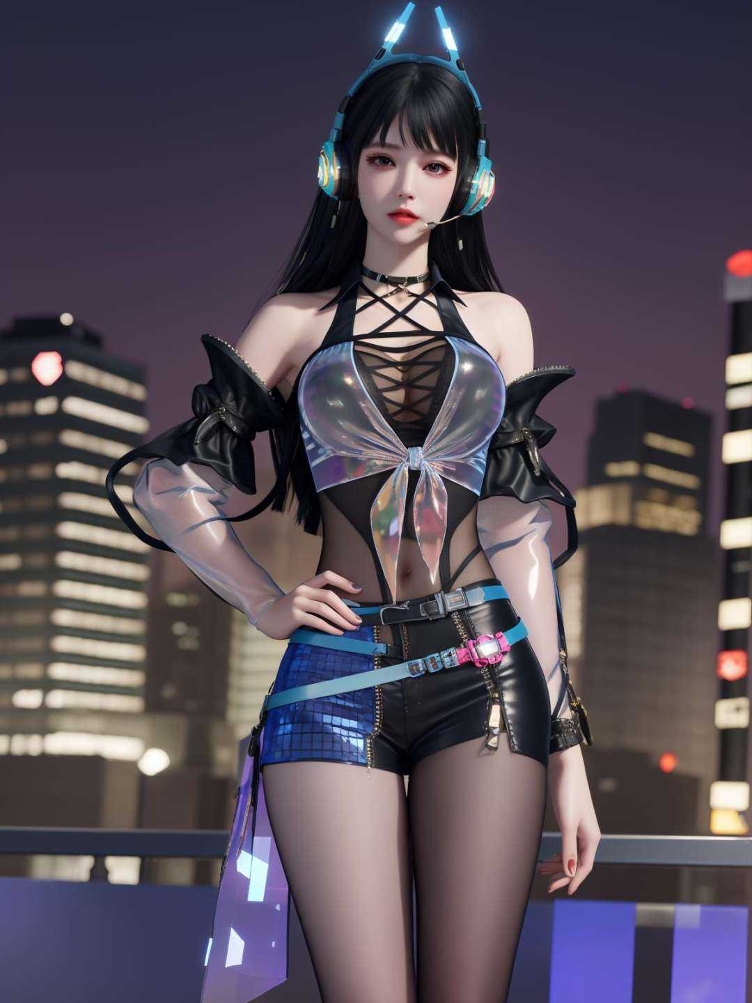 YJWJjiyingyingDL, 1girl, solo, long hair, black hair,headphones, socks, see-through, belt, bangs, zipper, bare shoulders, choker, jewelry,lips, breasts,detached sleeves, black pantyhose, shorts, <lora:YJWJjiyingyingDL:0.75>,cityscape, night,looking at viewer, mature female, hand on hip, 