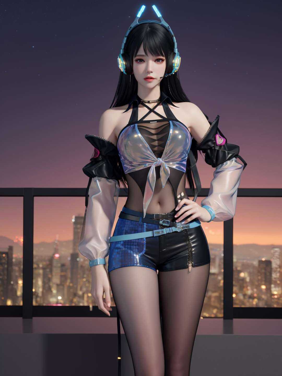 YJWJjiyingyingDL, 1girl, solo, long hair, black hair,headphones, socks, see-through, belt, bangs, zipper, bare shoulders, choker, jewelry,lips, breasts,detached sleeves, black pantyhose, shorts, <lora:YJWJjiyingyingDL:0.75>,cityscape, night,looking at viewer, mature female, hand on hip, 