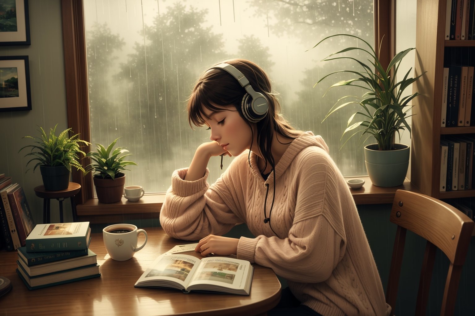 lofi girl,  rainy day,  study table on Tensor.Art