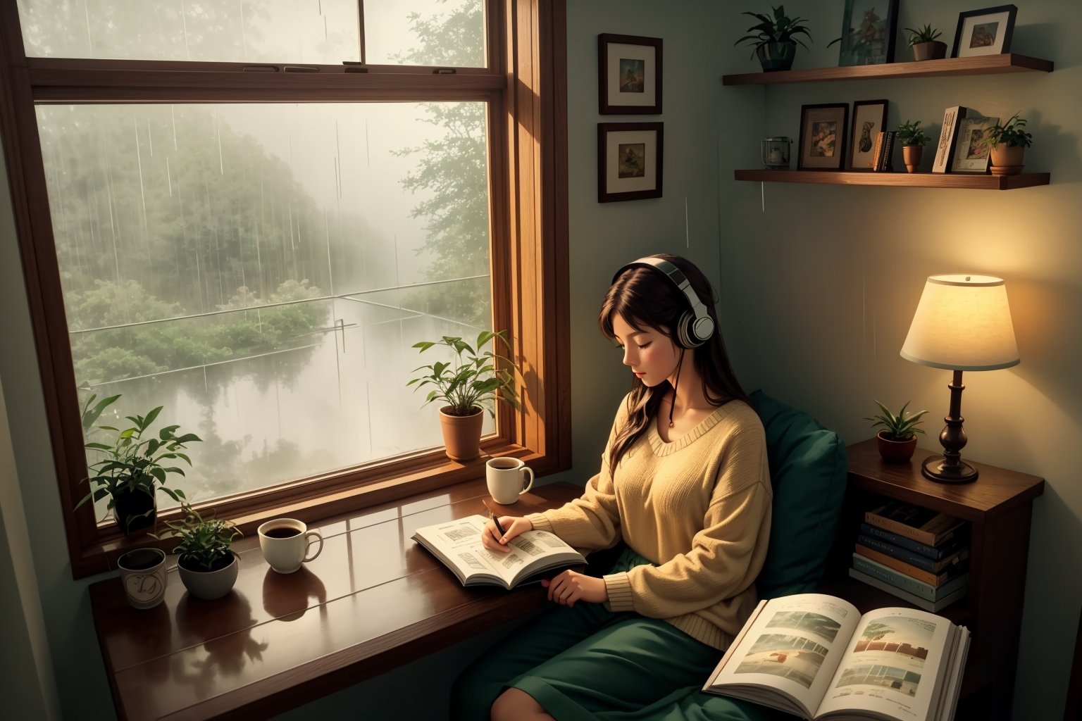 lofi girl,  rainy day,  study table on Tensor.Art