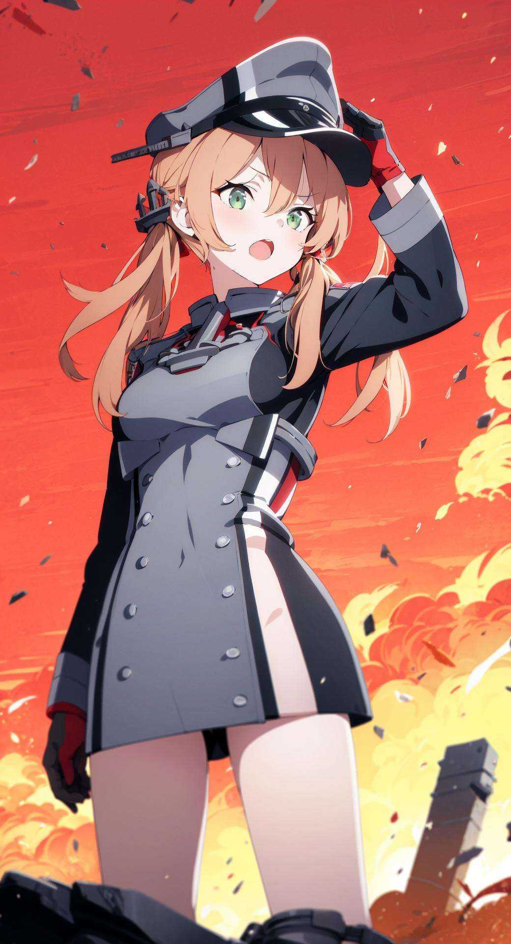 red theme, 1girl,  Looking at viewer, red sky, standing on ruins, <lora:PrinzEugenFullTag1:0.9> green eyes, surprised, open mouth,  low twintails, anchor, military uniform, peaked cap, gloves, anchor hair ornament,long sleeves, fire, war, <lora:BArtstyleV9b-CF-Lion-GC-LBW-000014:0.6:LBW=STYLE>,  prinz eugen \(kancolle\),  sunlight, cropped legs, 