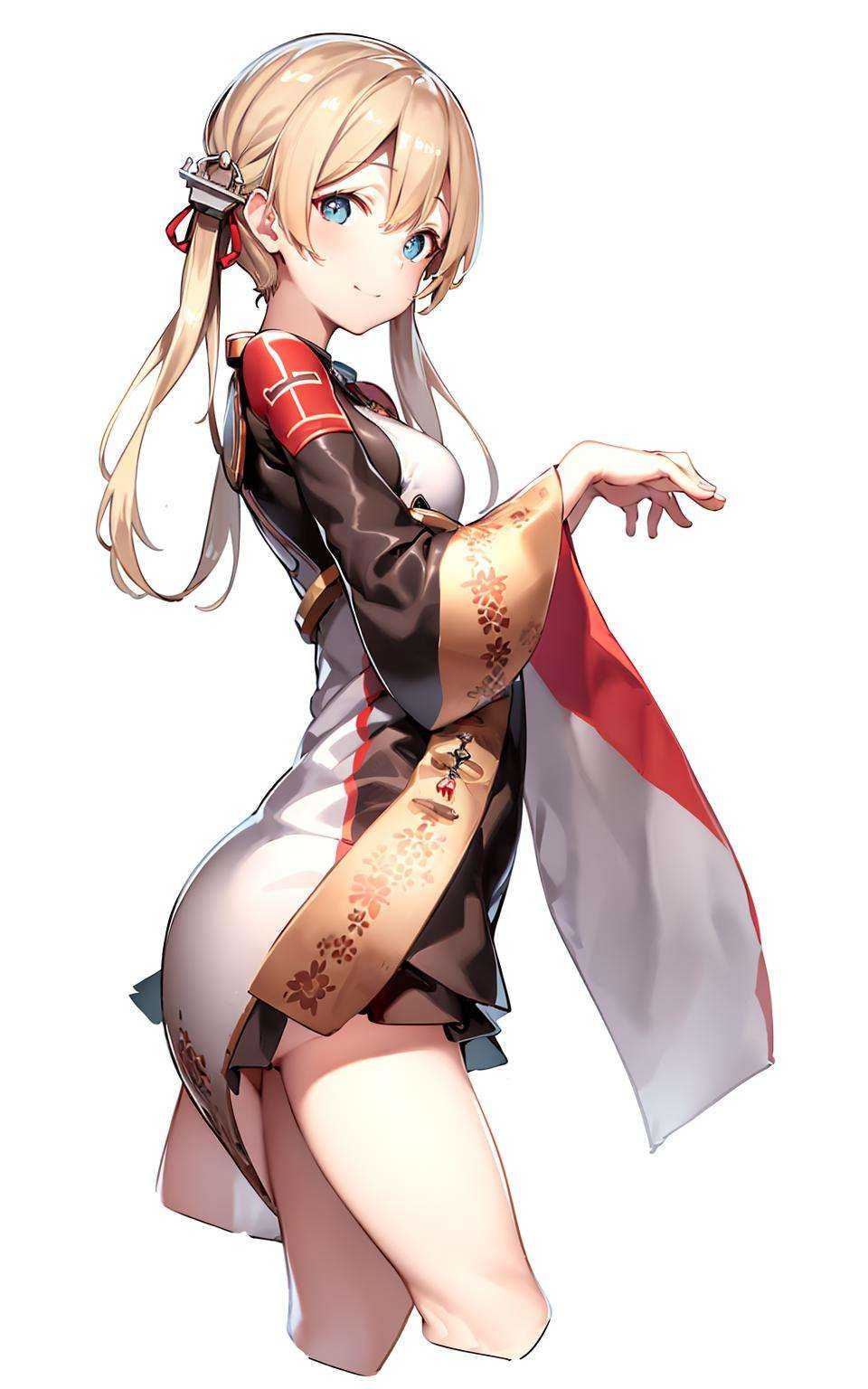 prinz eugen \(kancolle\), <lora:PrinzEugenFullTag1-000007:0.8>, japanese clothes, masterpiece, best quality, highres, (1girl, solo), (simple background,white background:1.3), (straight-on:1.5), solo focus, looking at viewer, facing viewer, standing,  light smile,(cropped legs ),