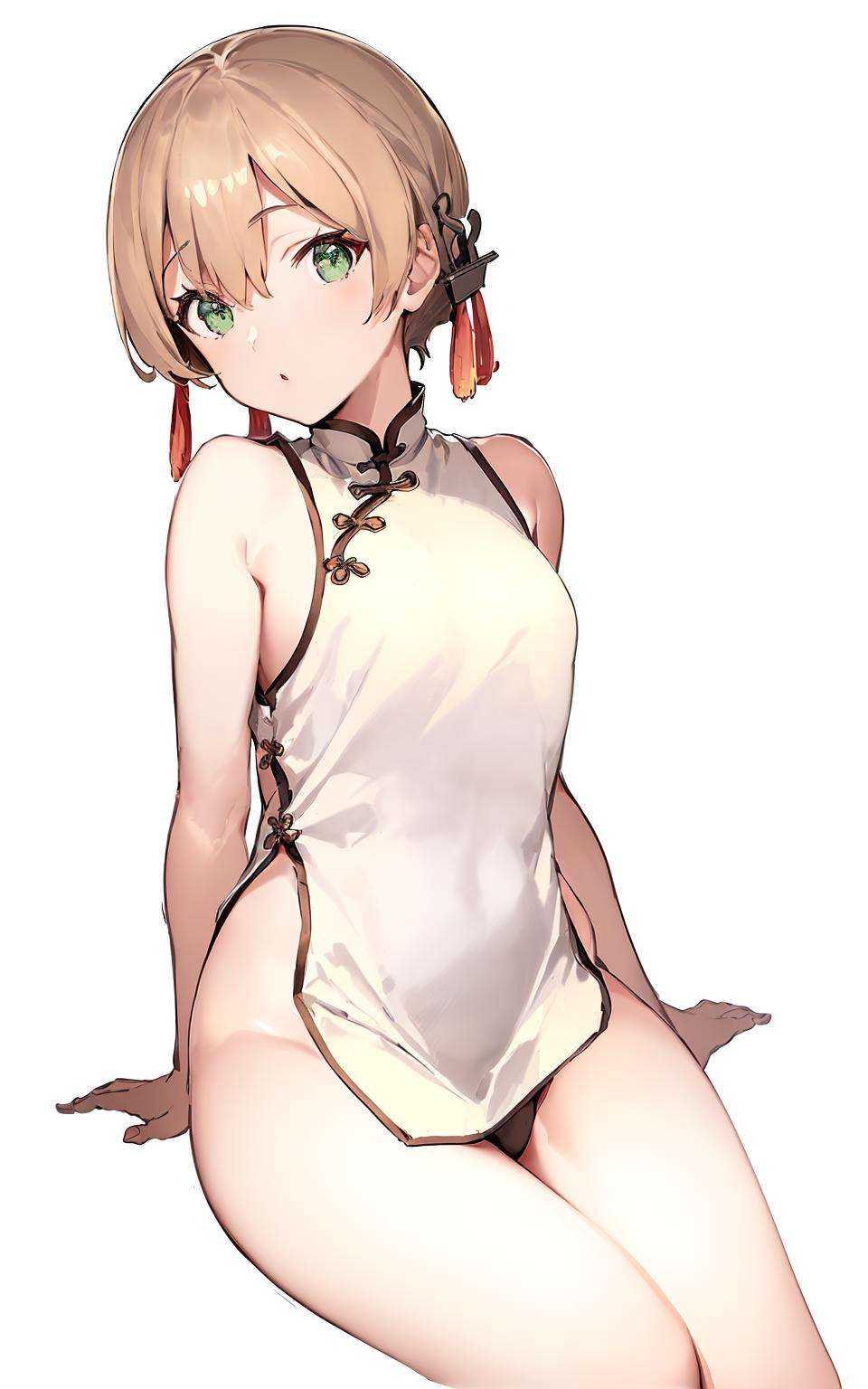 prinz eugen \(kancolle\), <lora:PrinzEugenFullTag1-000007:0.8>, green eyes, short hair, anchor hair ornament, (chinese clothes, china dress:1.2),  (1girl, solo), (simple background,white background:1.3), (straight-on:1.5), solo focus, (cropped legs =), masterpiece, best quality, highres,