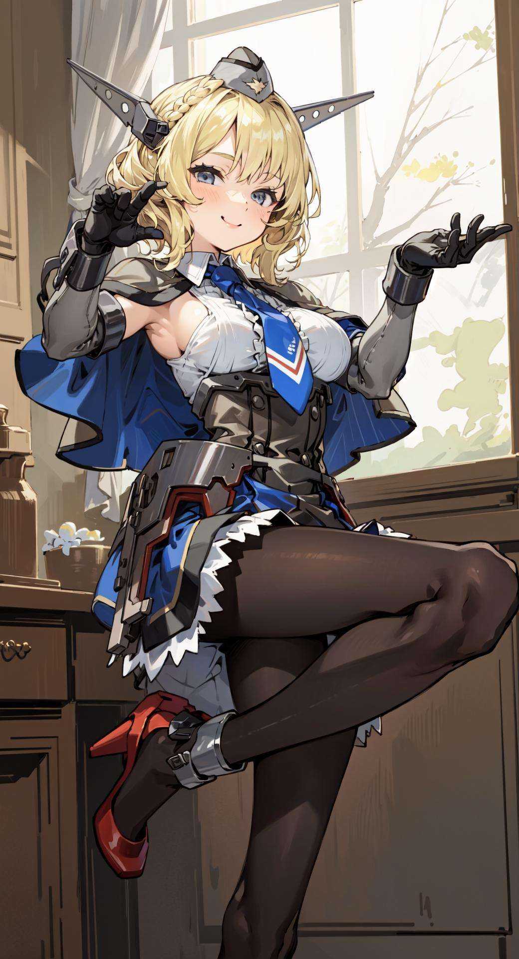 ColoradoOG, 1girl, solo, blonde, garrison cap, elbow gloves, necktie, braid, grey headgear, hair ornament, pleated dress,  large breasts, skirt, smile, buttons, capelet, sleeveless shirt, pantyhose, indoors, high heels, looking at viewer, Posing as if holding a baby duck