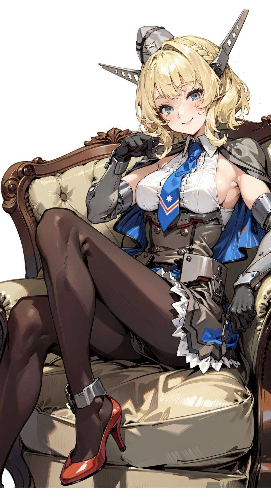 ColoradoOG, 1girl, solo, blonde, garrison cap, elbow gloves, necktie, braid, grey headgear, hair ornament, pleated dress,  large breasts, skirt, smile, buttons, capelet, sleeveless shirt, pantyhose, indoors, living room, sofa, high heels, Sitting, leaning on one hand,  white background,  white border, 