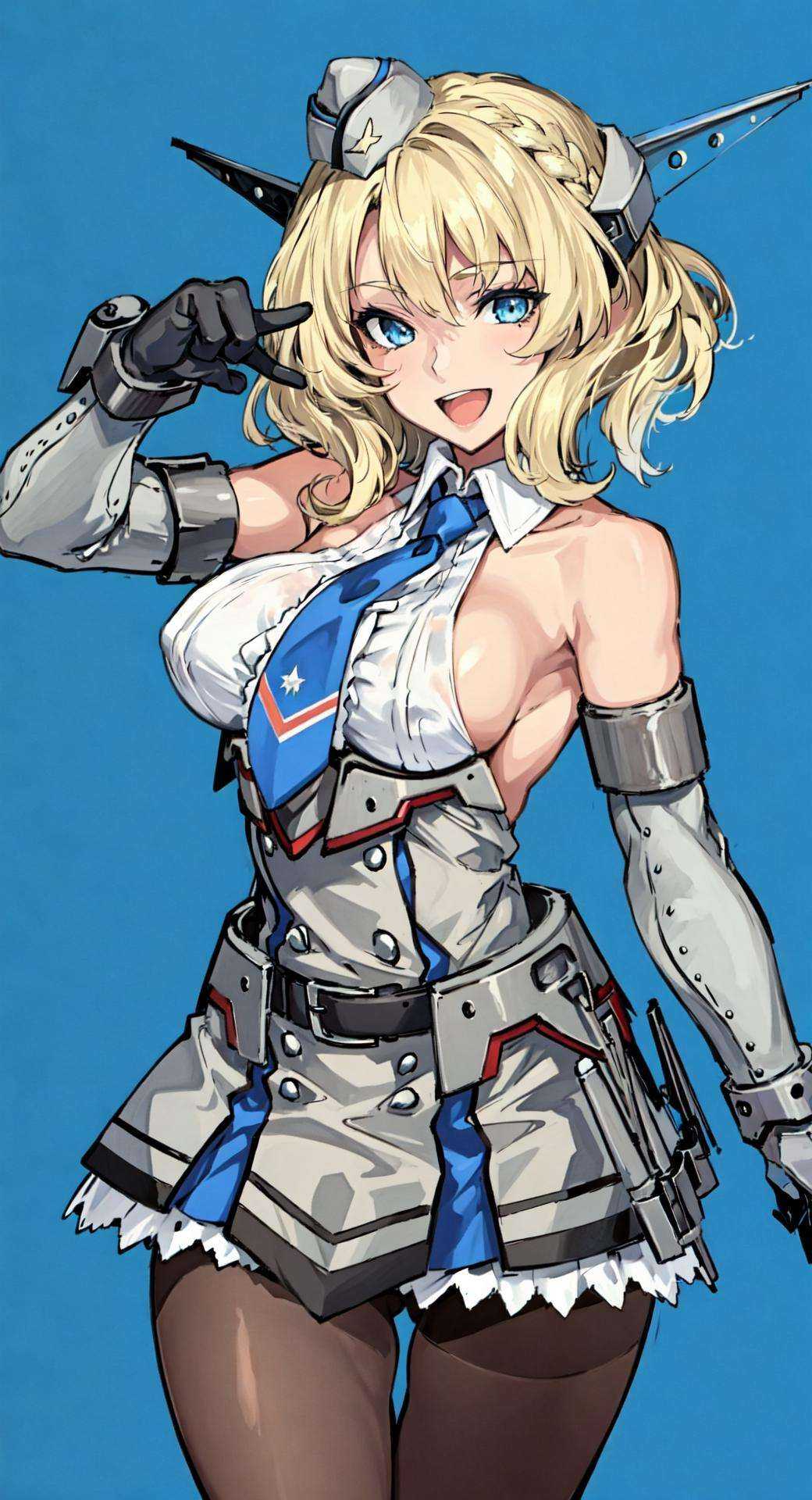 ColoradoOG, blonde, braid, blue eyes,garrison cap, headgear, necktie, backless outfits, elbow gloves, pantyhose, 1girl ,solo, looking at viewer, large breasts, standing,, smile, open mouth, cowboy shot, 