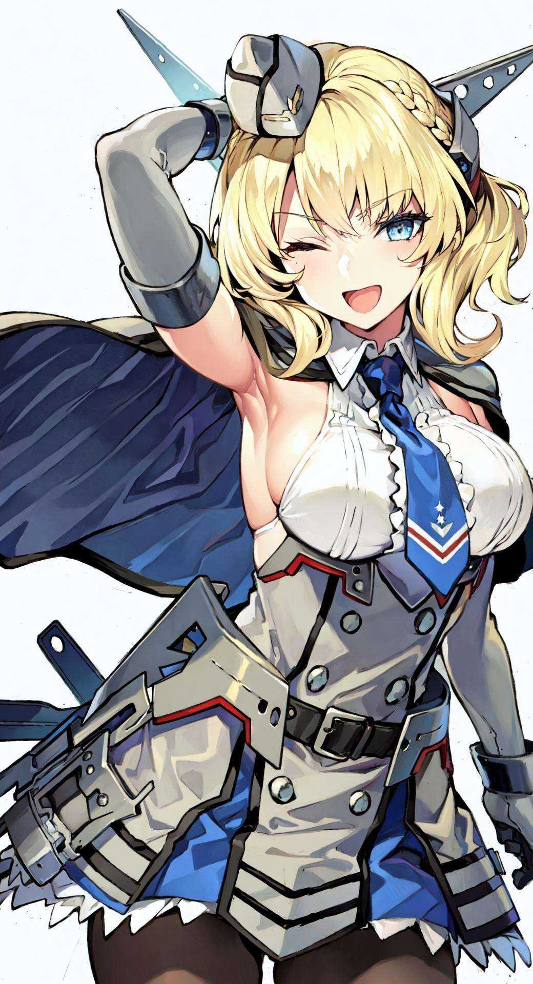ColoradoOG, blonde, braid, garrison cap, headgear,  blue eyes, sleeveless shirt, capelet, necktie, elbow gloves, grey dress, skirt, belt, pantyhose, 1girl ,solo, looking at viewer, large breasts, standing,, smile, open mouth , one eye closed,upper body, pov, close-up, white background, arms behind back, 