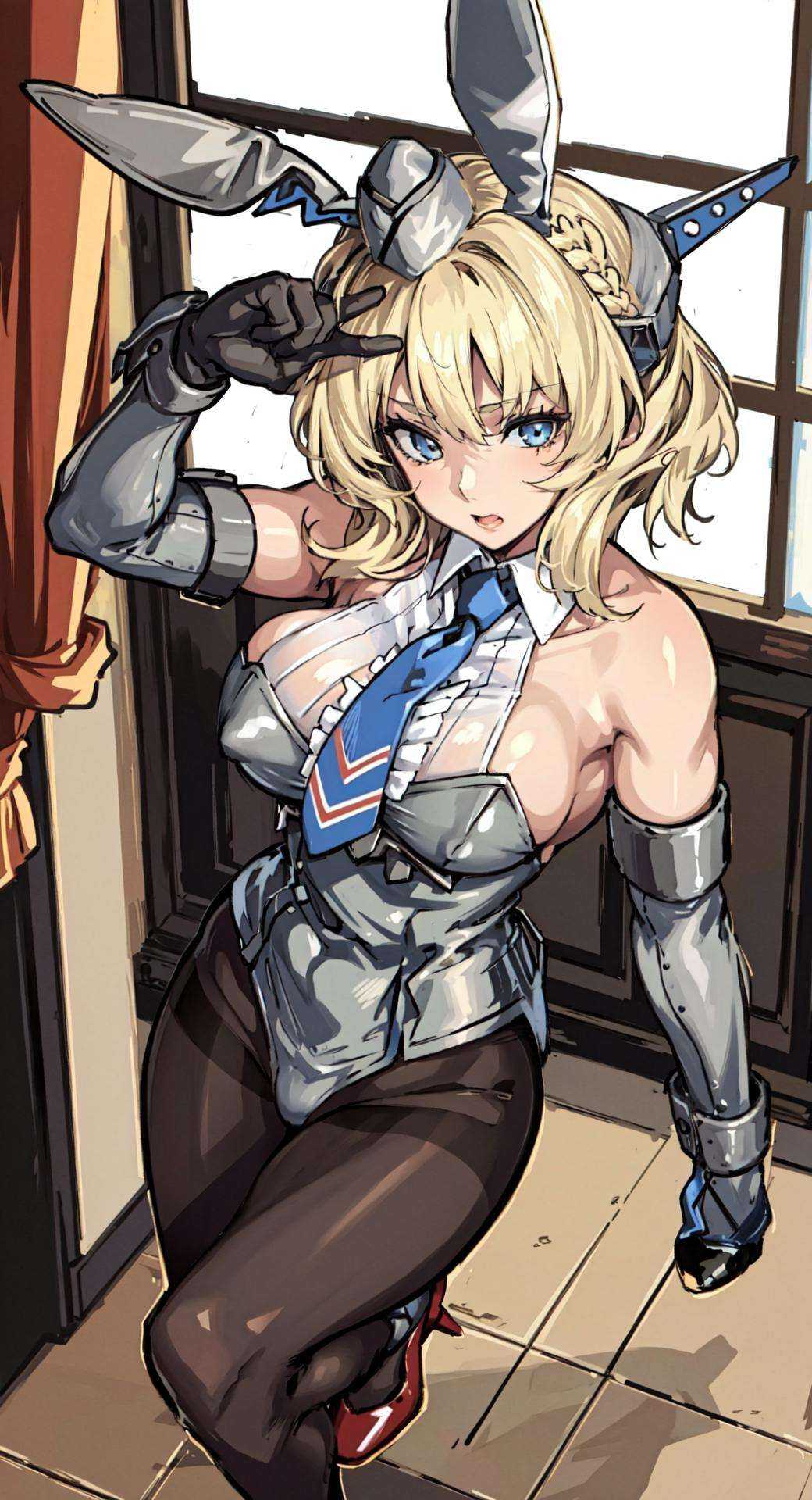 Colorado, 1girl, solo, blonde, garrison cap, elbow gloves, grey headgear, necktie, braid, large breasts, playboy bunny,  pantyhose, indoors, high heels, looking at viewer, from above, cowboy shot, Walking with an exaggerated hip swing