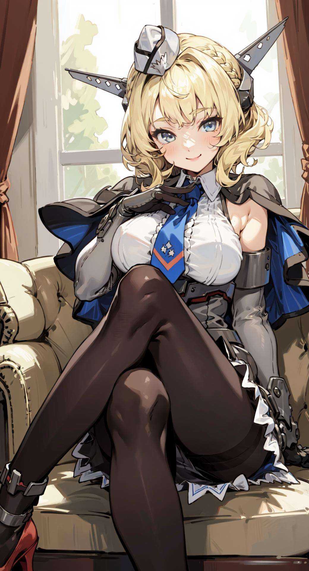 ColoradoOG, 1girl, solo, blonde, garrison cap, elbow gloves, necktie, braid, grey headgear, hair ornament, pleated dress,  large breasts, skirt, smile, buttons, capelet, sleeveless shirt, pantyhose, indoors, high heels, looking at viewer, Sitting with legs crossed, hands on ankles