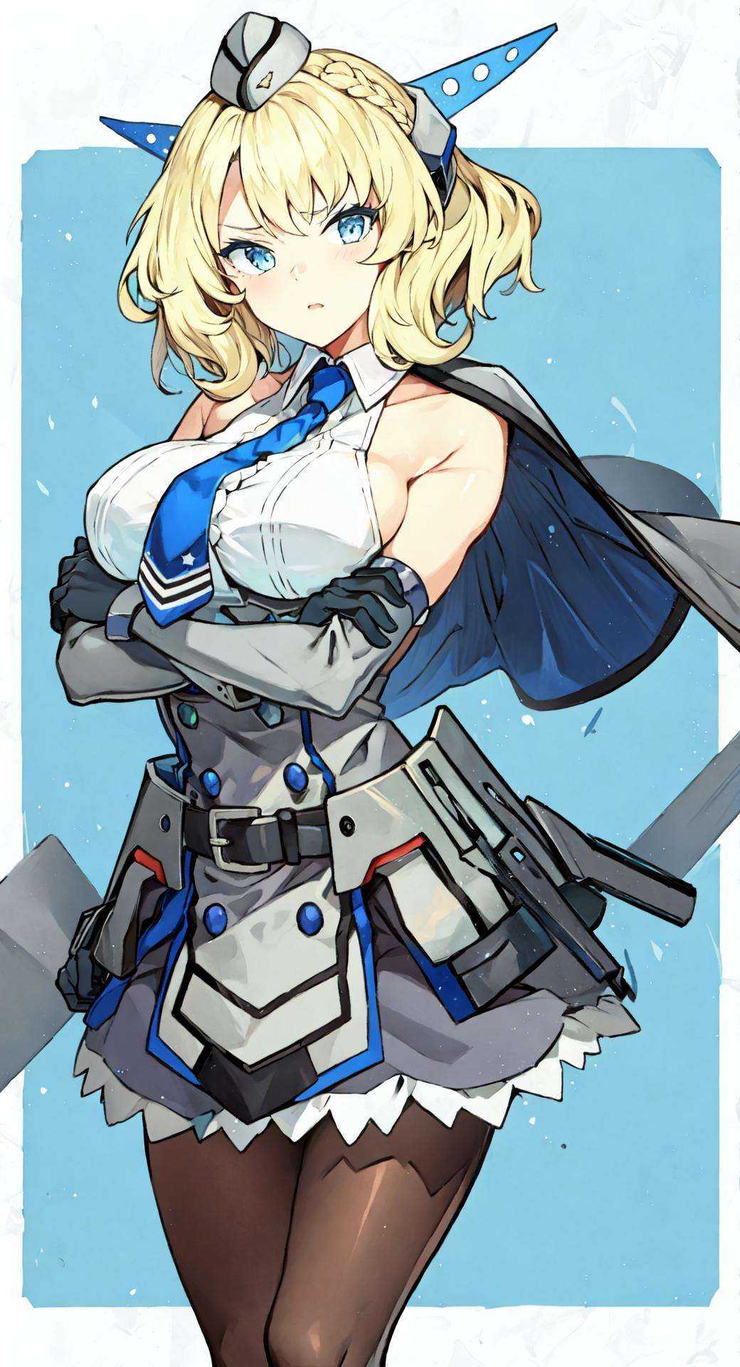 ColoradoOG, blonde, braid, garrison cap, headgear , blue eyes, sleeveless shirt, necktie, elbow gloves, black gloves, grey dress, blue skirt, belt, pantyhose, 1girl ,solo, ooking at viewer,  upper body, large breasts, water, building, backless outfit,  crossed arms, standing,  <lora:[Con]standingFullBodyWithBackgroundStyle_v10Offset:1>, full body, white background,  white border, 