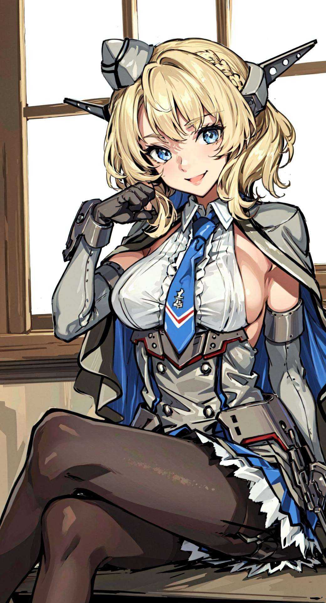 ColoradoOG, 1girl, solo, blonde, garrison cap, elbow gloves, necktie, braid, grey headgear, hair ornament, pleated dress,  large breasts, skirt, smile, buttons, capelet, sleeveless shirt, pantyhose, indoors, high heels, looking at viewer, Sitting with legs crossed, one hand on knee