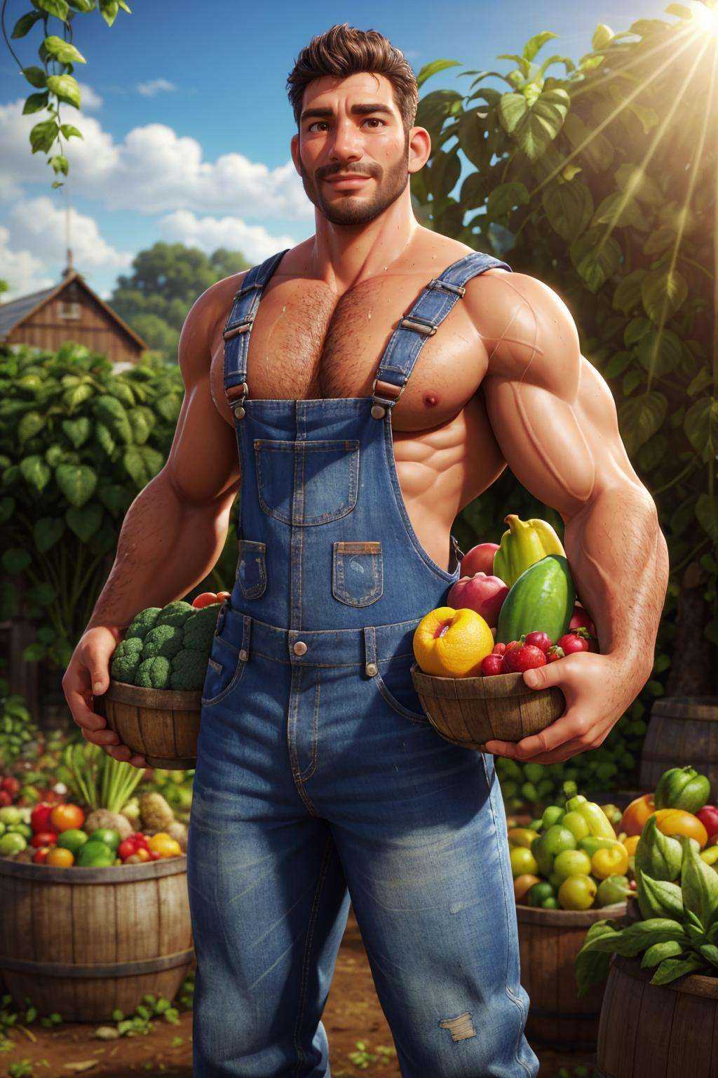 (latino man), wearing naked overalls, farming, crops, plants, greenhouse, barrels, bushels of fruits and vegetables, sunlight, (smile:0.5), dirty clothes, sweaty, looking at viewer, best quality, masterpiece, highly detailed, realistic, (detailed background), depth of field, soft focus, intricate details, 8k, cartoon, 3d, photo of a man,