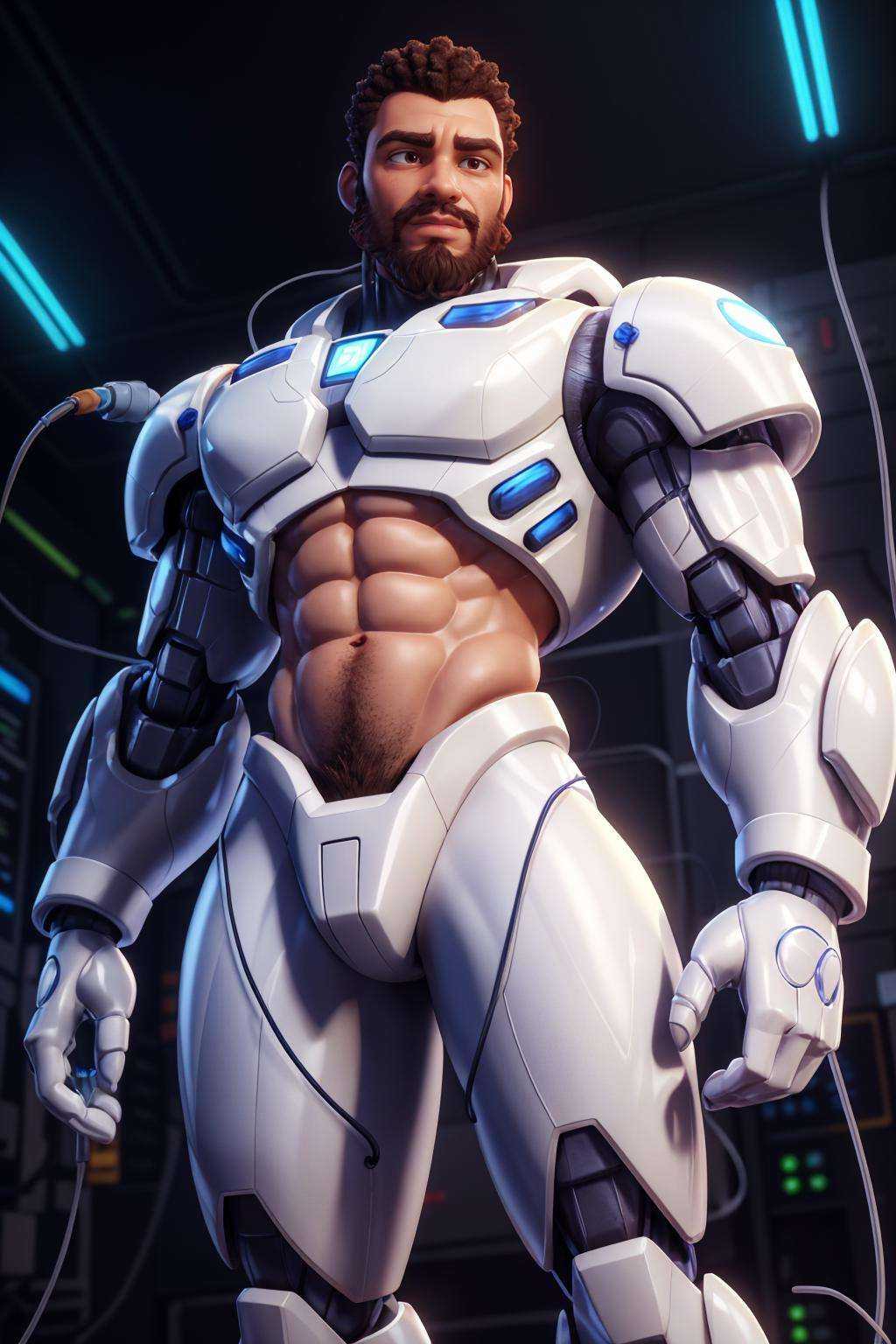 (african man) wearing white mecha power armor, glowing, cables, wires, futuristic lab background, medium hair, transparent plastic, beard, upper body, science fiction, ((abs)), best quality, masterpiece, highly detailed, realistic, (detailed background), depth of field, soft focus, intricate details, 8k, cartoon, 3d, photo of a man,