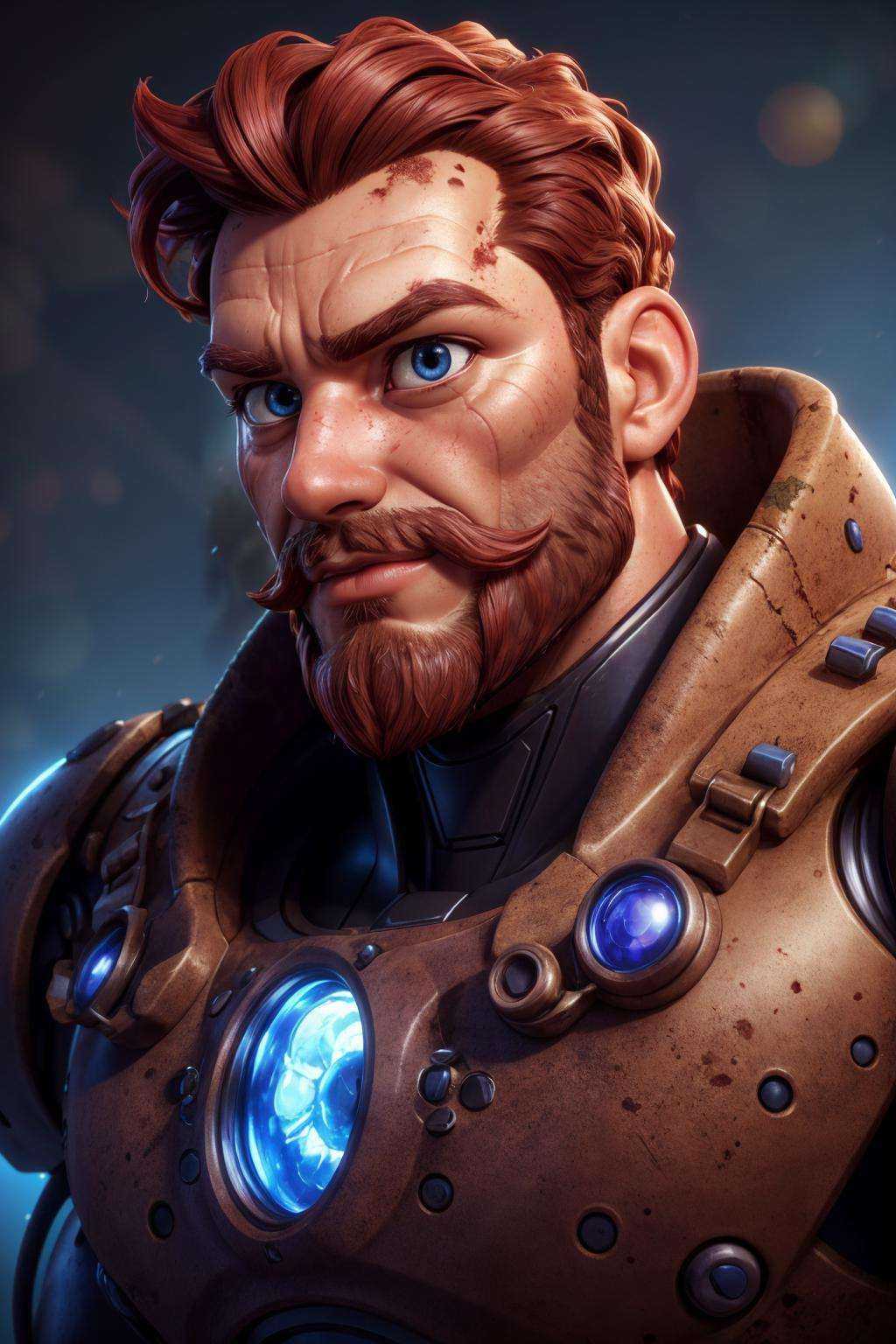 wearing a worn mech suit, rusted metal, sharp focus, photo by mark henderson, soft lighting, vibrant colors, robot eyes, face portrait, (extreme close up:1.2), science fiction, pectorals, beard, dynamic pose, looking away, muscular, best quality, masterpiece, highly detailed, realistic, (detailed background), depth of field, soft focus, intricate details, 8k, cartoon, 3d, photo of a man,
