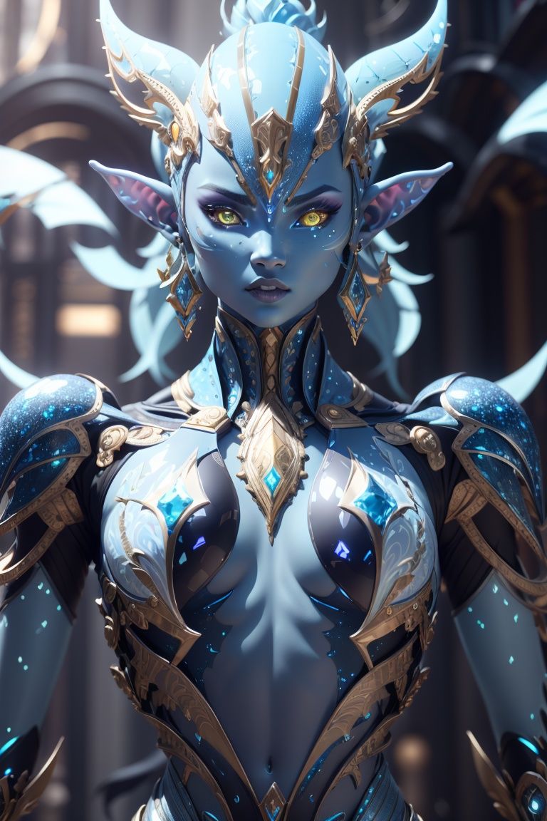blue humanoid avatar with bioluminescent avatar markings dots and patterns on their skin. Pointed elf ears. avatar like ha...