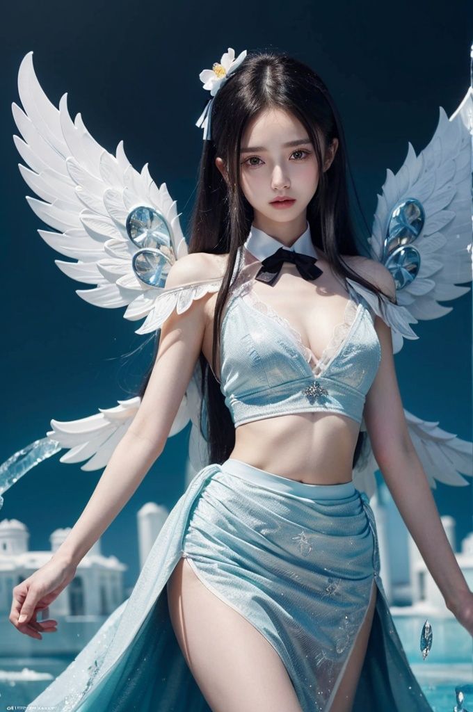 (((masterpiece))),best quality, illustration,(beautiful detailed girl),beautiful detailed glow,detailed ice,beautiful detailed water,(beautiful detailed eyes),expressionless,beautiful detailed white gloves, (floating palaces:1.3),azure hair,disheveled hair,long bangs, hairs between eyes, (skyblue dress),black ribbon,white bowties,midriff,{{{half closed eyes}}},,big forhead,blank stare,flower,large top sleeves,(((ice crystal texture wings))),yanlingji,full_body,hankuke