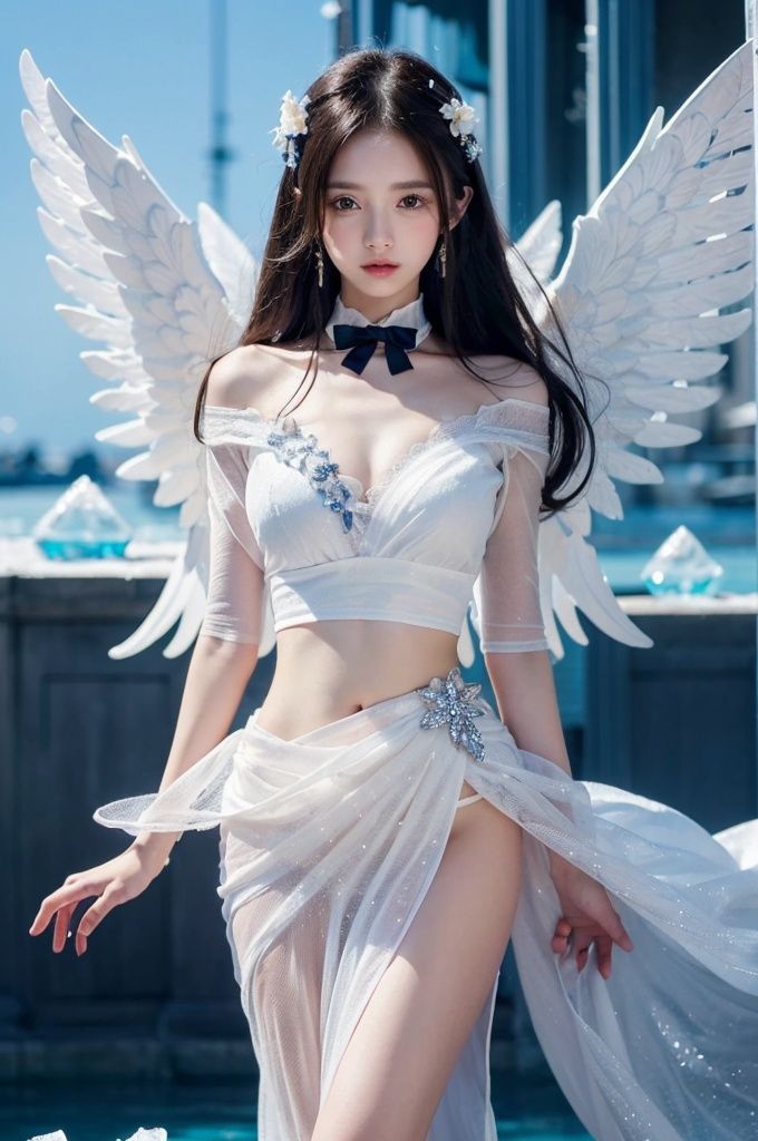 (((masterpiece))),best quality, illustration,(beautiful detailed girl),beautiful detailed glow,detailed ice,beautiful detailed water,(beautiful detailed eyes),expressionless,beautiful detailed white gloves, (floating palaces:1.3),azure hair,disheveled hair,long bangs, hairs between eyes, (skyblue dress),black ribbon,white bowties,midriff,{{{half closed eyes}}},,big forhead,blank stare,flower,large top sleeves,(((ice crystal texture wings))),yanlingji,full_body,hankuke