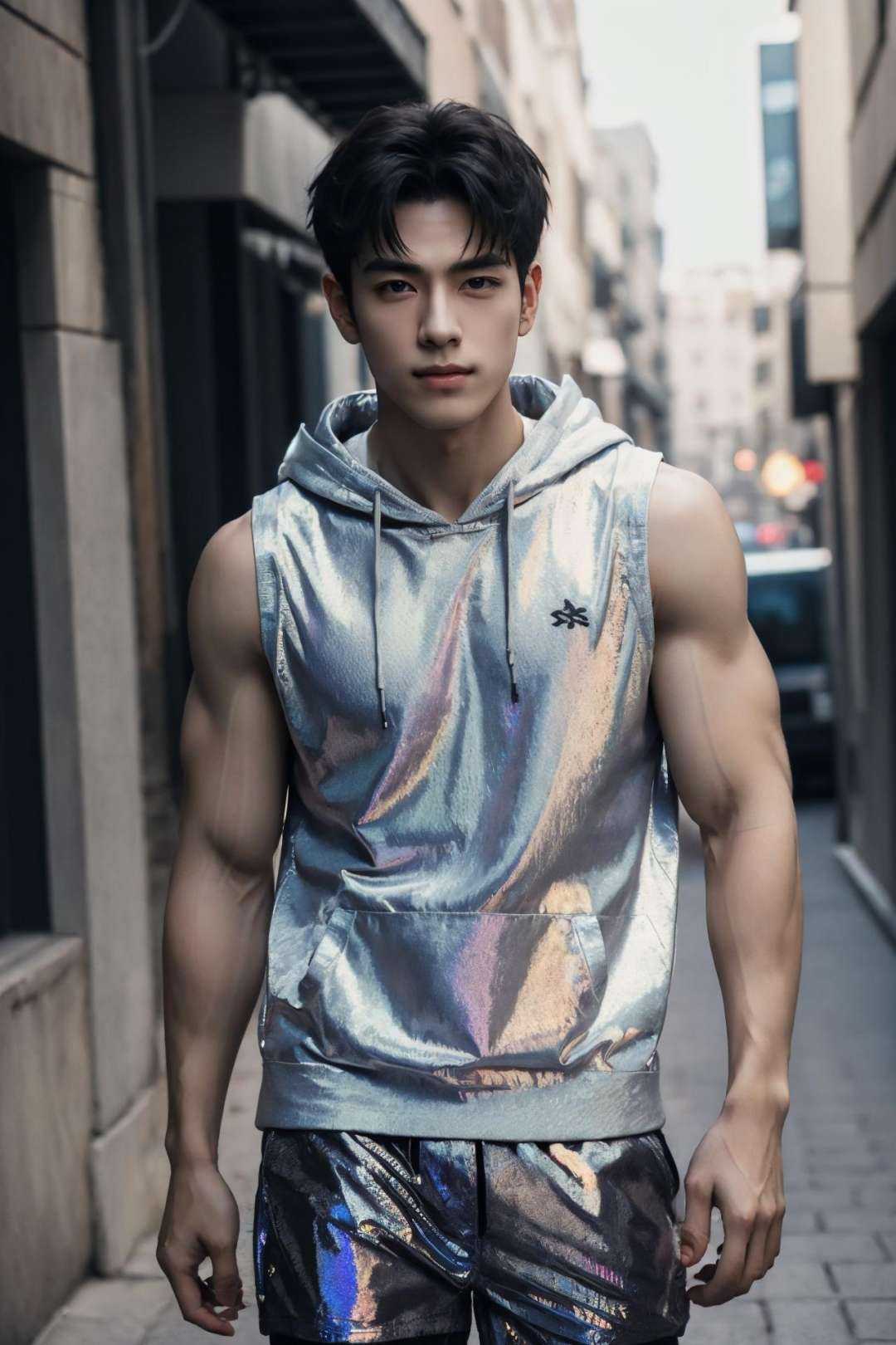 absurdres, intricate details, masterpiece, best quality, high resolution, 8k, 1boy, Manhuanan, sleeveless hoodie, shorts, (holographic clothing),looking at viewer, standing, smirk, (muscular, large pectorals), abs, hair between eyes, detailed face, black eyes, black hair, eye reflection, blue necklace,street,detailed background, cinematic lighting<lora:NIJI动漫男风格_v1.0:0.5> <lora:chinesemalelikeness3:0.4> <lora:镭射服装_holov7:0.8>