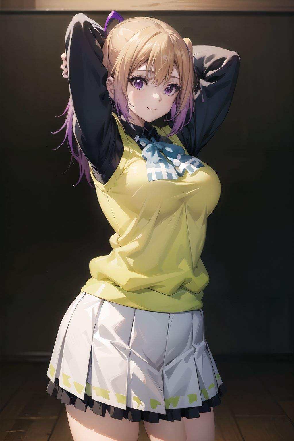 kawasaki_mai, 1girl, solo, long hair, side ponytail, purple eyes,  ribbon,  blonde hair, school uniform, yellow sweater vest,  <lora:mai-20:1>, standing, facing viewer, white skirt, looking at viewer,  mole, large breasts, smile, arms up, arms behind head, 