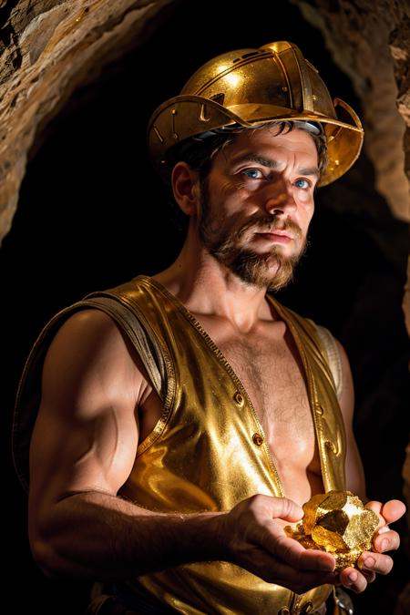photo RAW,  (17th century,  close-up miner holding a gold nugget on Tensor.Art