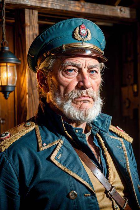 photo RAW,  (old school salty sea dog chief engineer that looks worn out. Wearing epaulets and uniform all stained with oi...