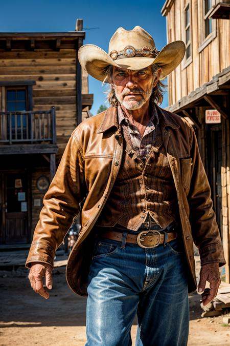 photo RAW,  (Old cowboy in an old Western town),  masterpiece on Tensor.Art