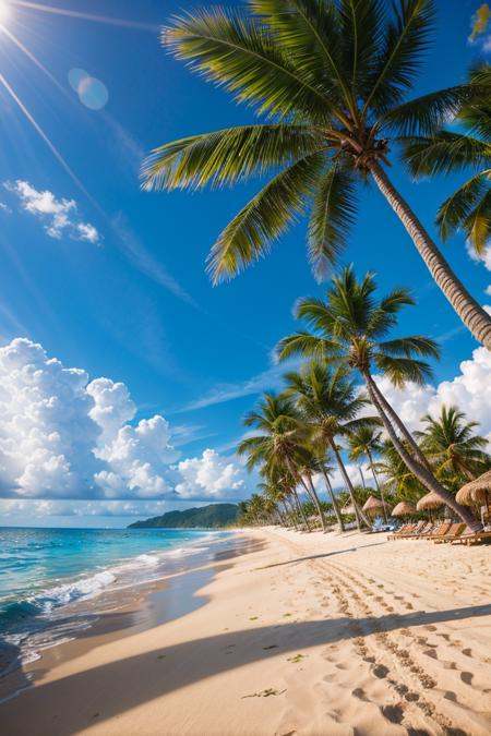 gorgeous vacation beach with yellow sand,  blue watter,  and palm trees on Tensor.Art