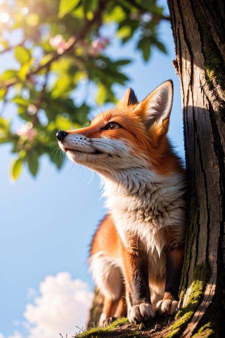 photo RAW,  (Little fox looking up at a colourful tree,  nature on Tensor.Art