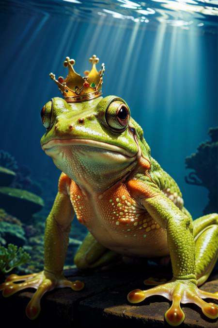 photo RAW,  (underwater,  Frog wearing a crown) on Tensor.Art