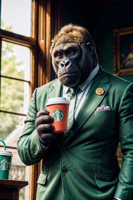 photo RAW,  (Gorilla wearing green suit,  gorilla is a king guard palace buckingham on Tensor.Art