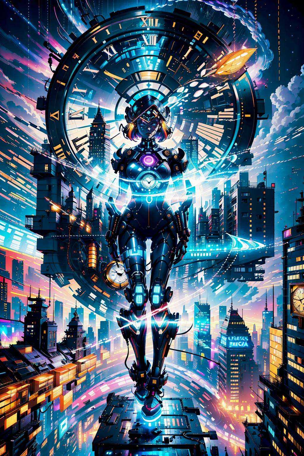clock_realm,clock,((masterpiece)),((best quality)),8k,high detailed,ultra-detailed,concept art,science fiction,cyberpunk,futuristic,1girl,solo,controlling a holographic time interface,determined,standing on a futuristic skyscraper rooftop,(holographic projections:1.3),(cityscape below:1.1),(technological surroundings),(futuristic outfit),(floating holographic clock:1.5),(glowing cybernetic enhancements:1.2),(intense focus),(dramatic sky),capturing the fusion of technology and time manipulation in a futuristic city,inspired by the style of Syd Mead,<lora:ClockRealm:0.7>,
