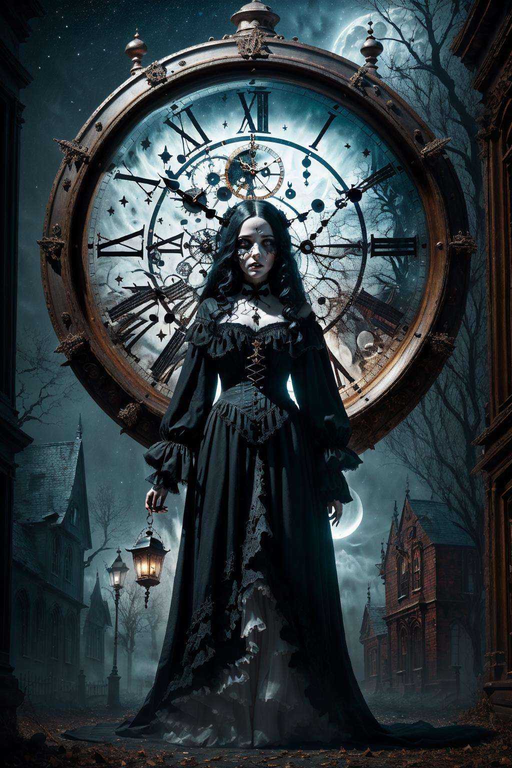 clock_realm,clock,((masterpiece)), ((best quality)), 8k, high detailed, ultra-detailed, illustration, concept art, gothic, horror, 1girl, solo, (emerging from a clock as a spectral figure), ghostly apparition, (victorian attire:0.7), shattered clock face, eerie mist, (full shot:1.2), from within the clock, haunted clock tower with ancient mechanisms, moonlight, capturing the chilling essence of time, inspired by Gothic literature,<lora:ClockRealm:1>,