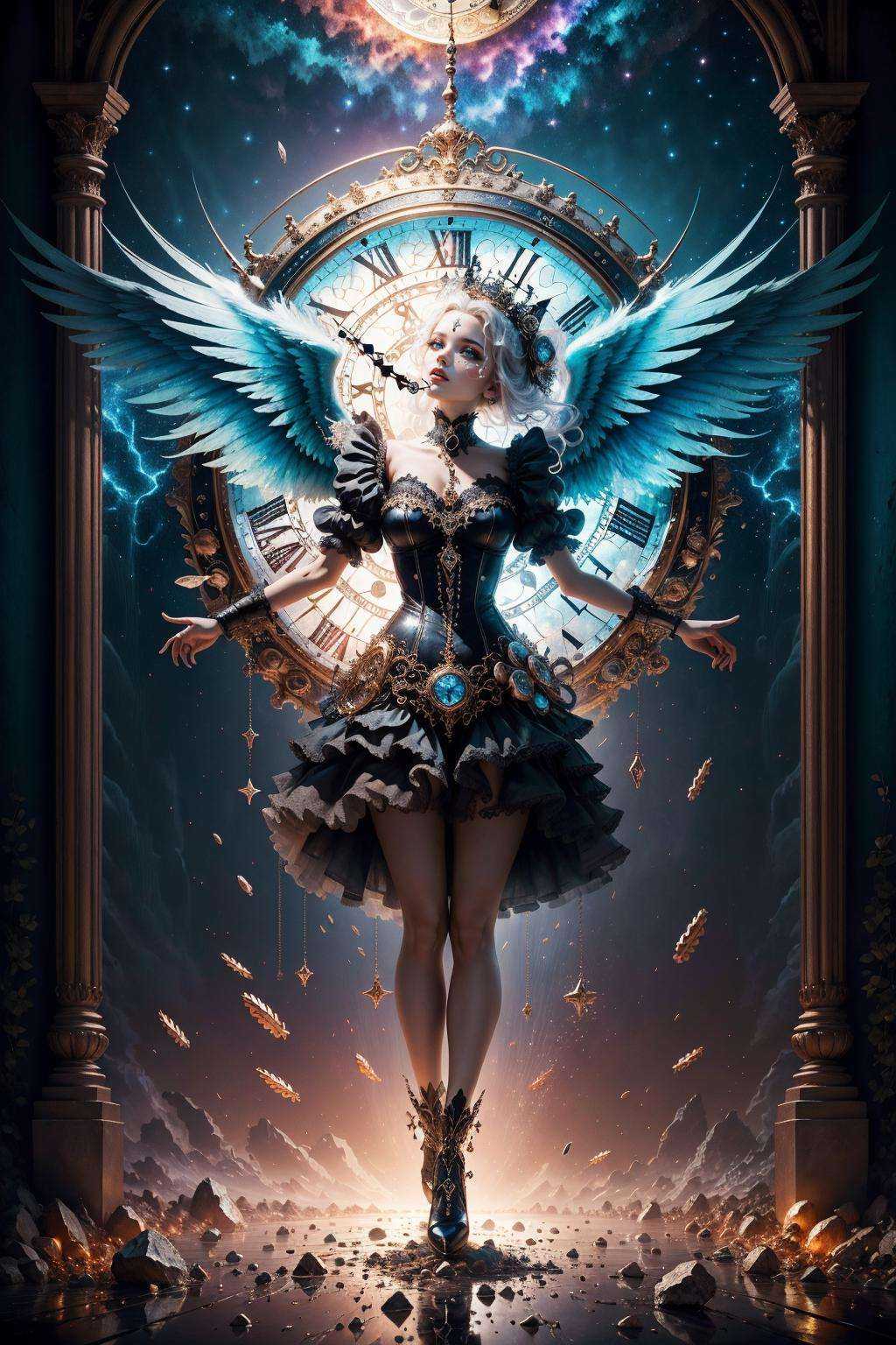 clock_realm,clock,((masterpiece)),((best quality)),fantasy,clock melting,candy landscape,dreamlike,defy physics,clock reassembling in mid-air,gothic girl with wings,enigmatic boy,organic and cybernetic organs scattered,vivid colors,symmetrical composition,mirror-like,chaotic and mesmerizing,intricate detail,HDR,16K resolution,dramatic lighting,<lora:ClockRealm:0.8>,